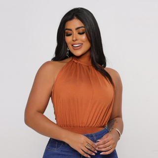 Body Feminino Gola Alta Suplex Soltinho Modelo Drapeado em Oferta na Shopee