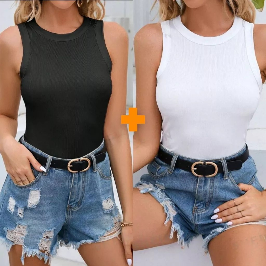 Kit 2 Blusas Feminina Regata Canelada Algodão Ribana Premium Social Americana Basica Promo...