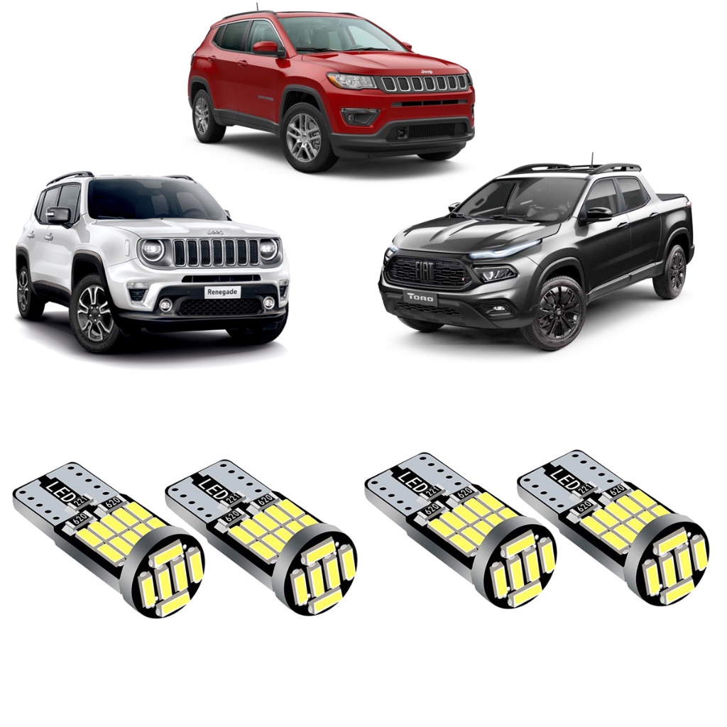 Kit 4 Led T10 Farol Milha Xenon  Interno Placa Jeep Renegade Compass e Fiat Toro 26 Led Branco Frio 6000k