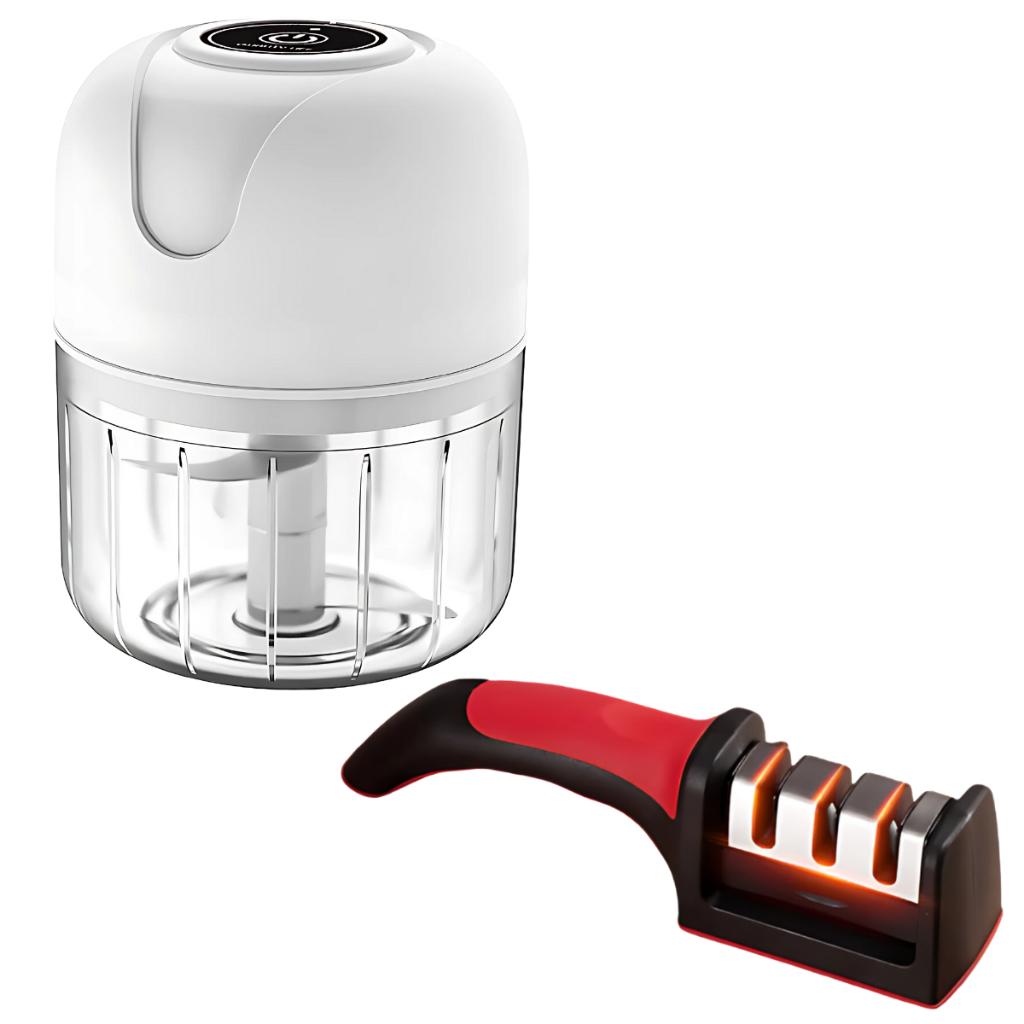 Mini Processador Elétrico Sem Fio 45w E Amolador De Faca - Kit 2 Peças