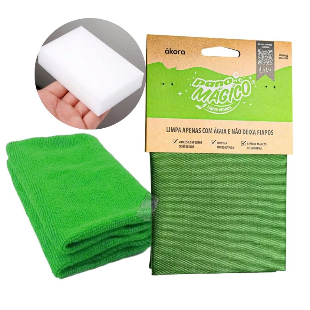 Pano Mágico Limpa Vidros Espelhos Inox 1 Flanela Microfibra Esponja 1 Supergreen Esponja Limpa Tudo