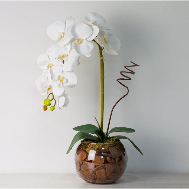 Arranjo Completo Flor Orquídea Artificial Silicone 3D com Vaso de Vidro para Enfeite de Mesa Sala - Vaso Decorativo.