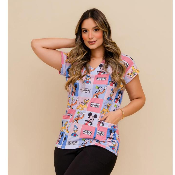 Blusa Feminina Com Bolso Avental Personalizado Scrub Feminino do Mickey Minnie Enfermagem