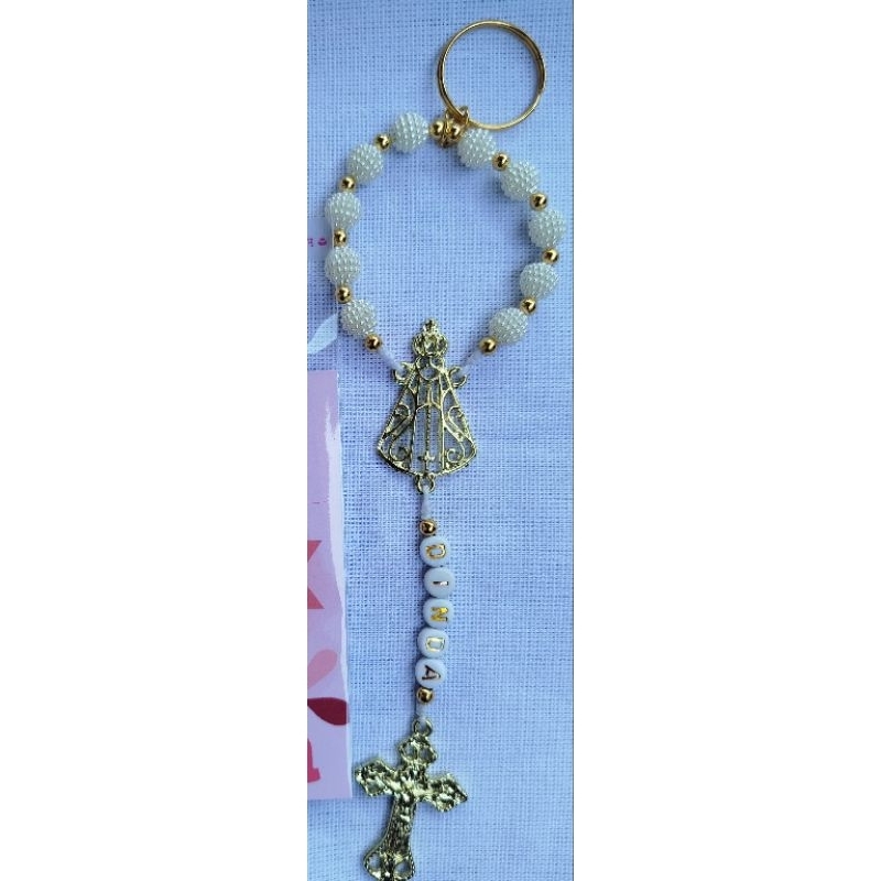 lembrancinha mini terço chaveiro personalizado, lembrancinha mini terço Nossa Senhora, kit com 10 unidades