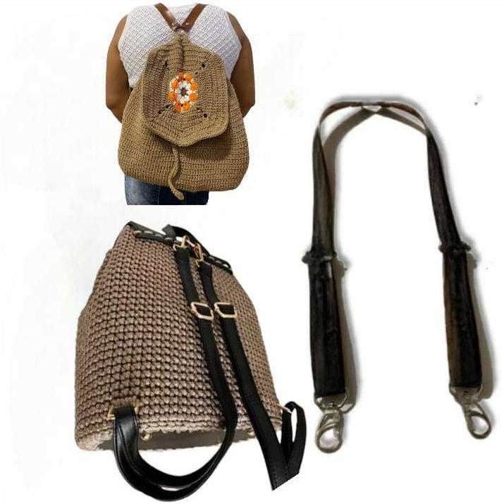 Alça em couro com meia argola metálica para mochilas feito em crochê macramê e tricô em Oferta na Shopee