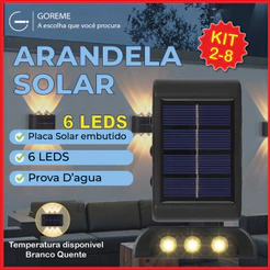 Kit 8 Luminária Arandela Solar 6 LED Luz Branco Quente para Parede a Prova dágua Spot para parede