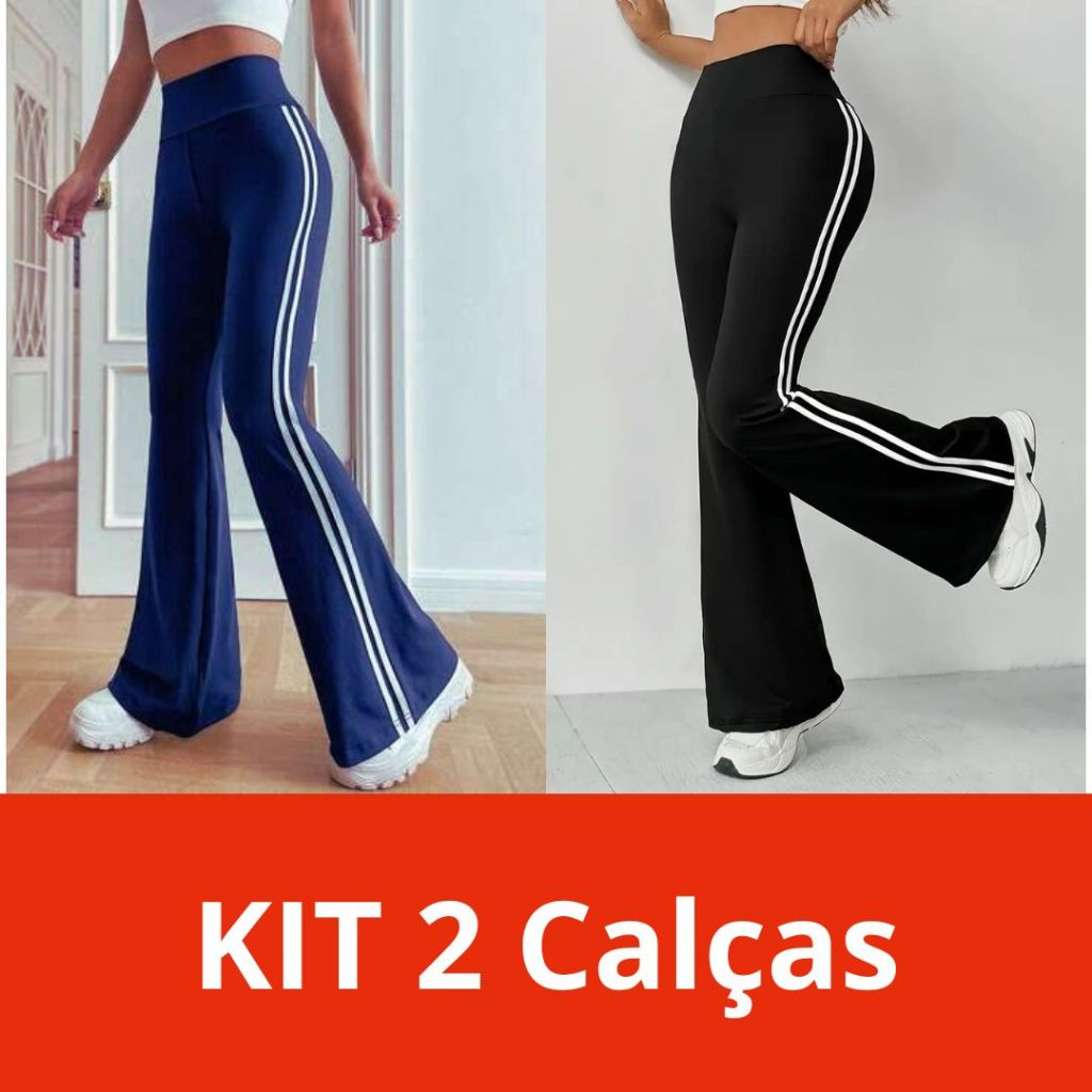 Kit 02 Calças Cintura Alta Bailarina com Listras Laterais Moda Tendência