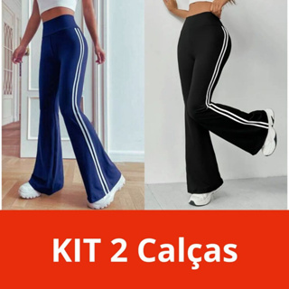 Kit 02 Calças Cintura Alta Bailarina com Listras Laterais Moda Tendência em Oferta na Shopee