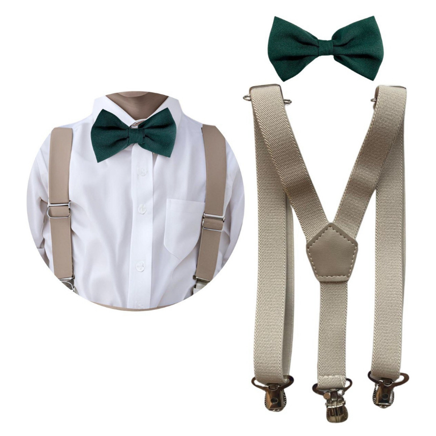 Kit Suspensório Bege e Gravata Borboleta Verde Militar Adulto ou Infantil