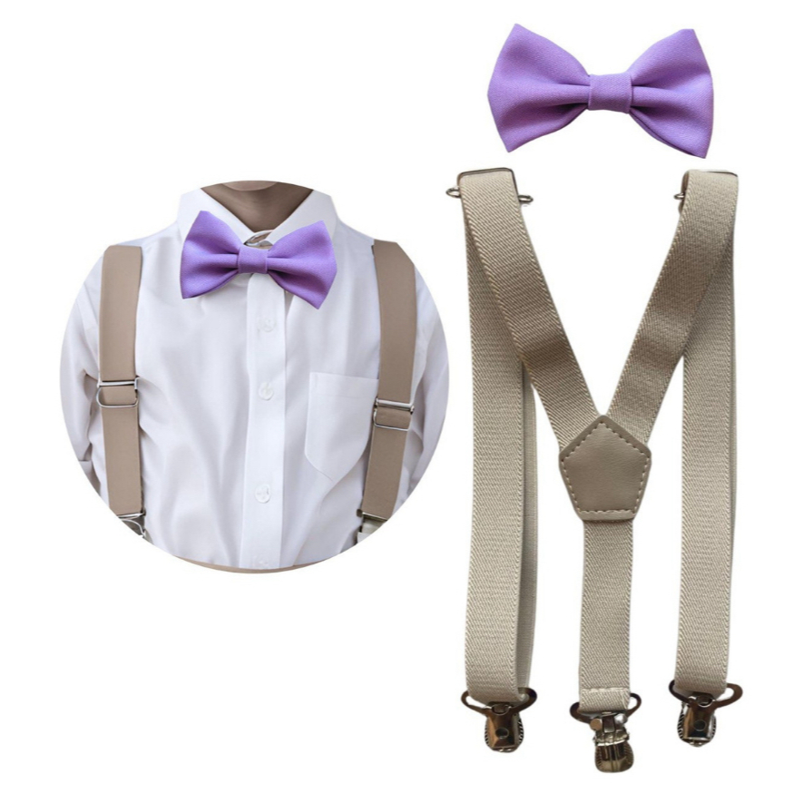 Kit Suspensório Bege e Gravata Borboleta Lilas Adulto ou Infantil