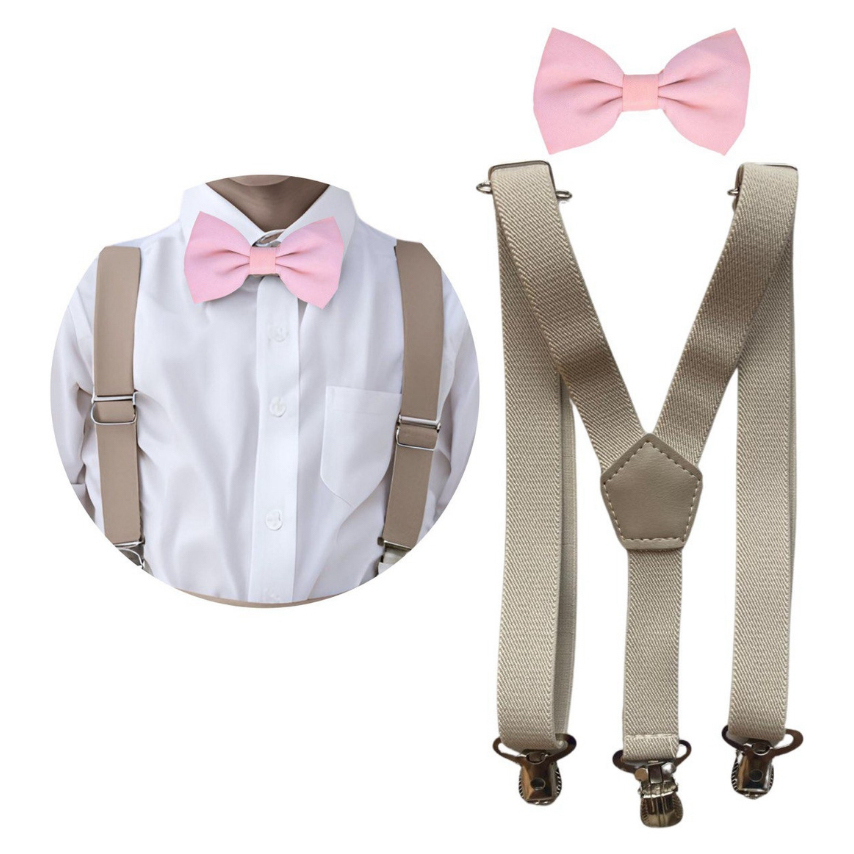 Kit Suspensório Bege e Gravata Borboleta Rosa Bebe Adulto ou Infantil