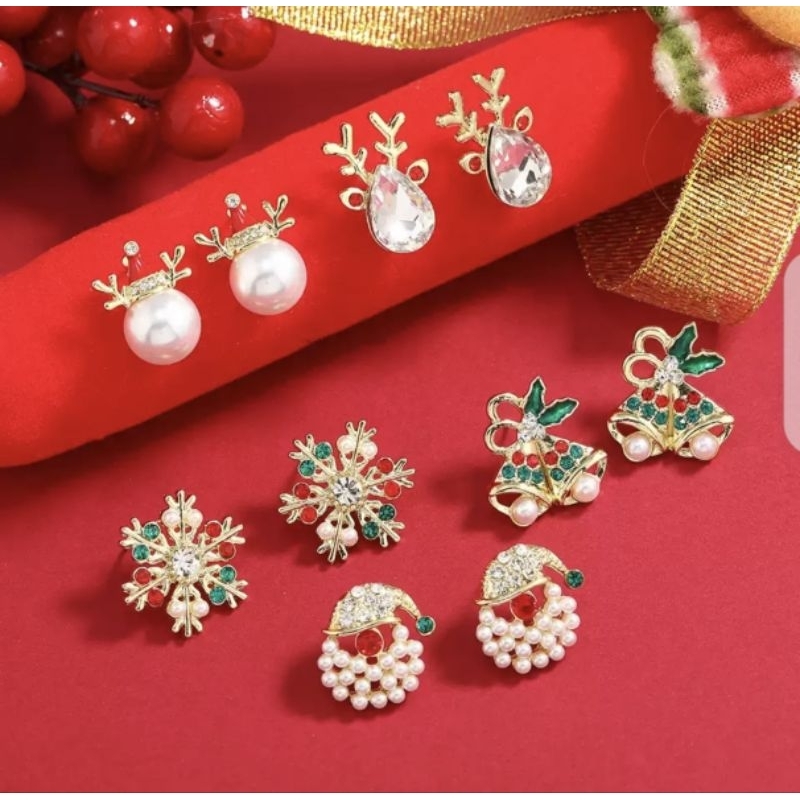 Brincos de Natal liga diamante incrustado pérola elk floco de neve brincos de sino brincos femininos