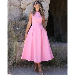 Vestido super midi em alfaiataria com bolso e cinto no mesmo tecido moda evangélica