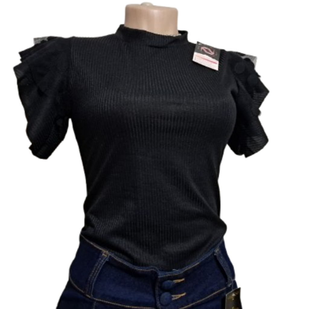 Blusa Feminina Canelada Preta c/ Poa manga bufante