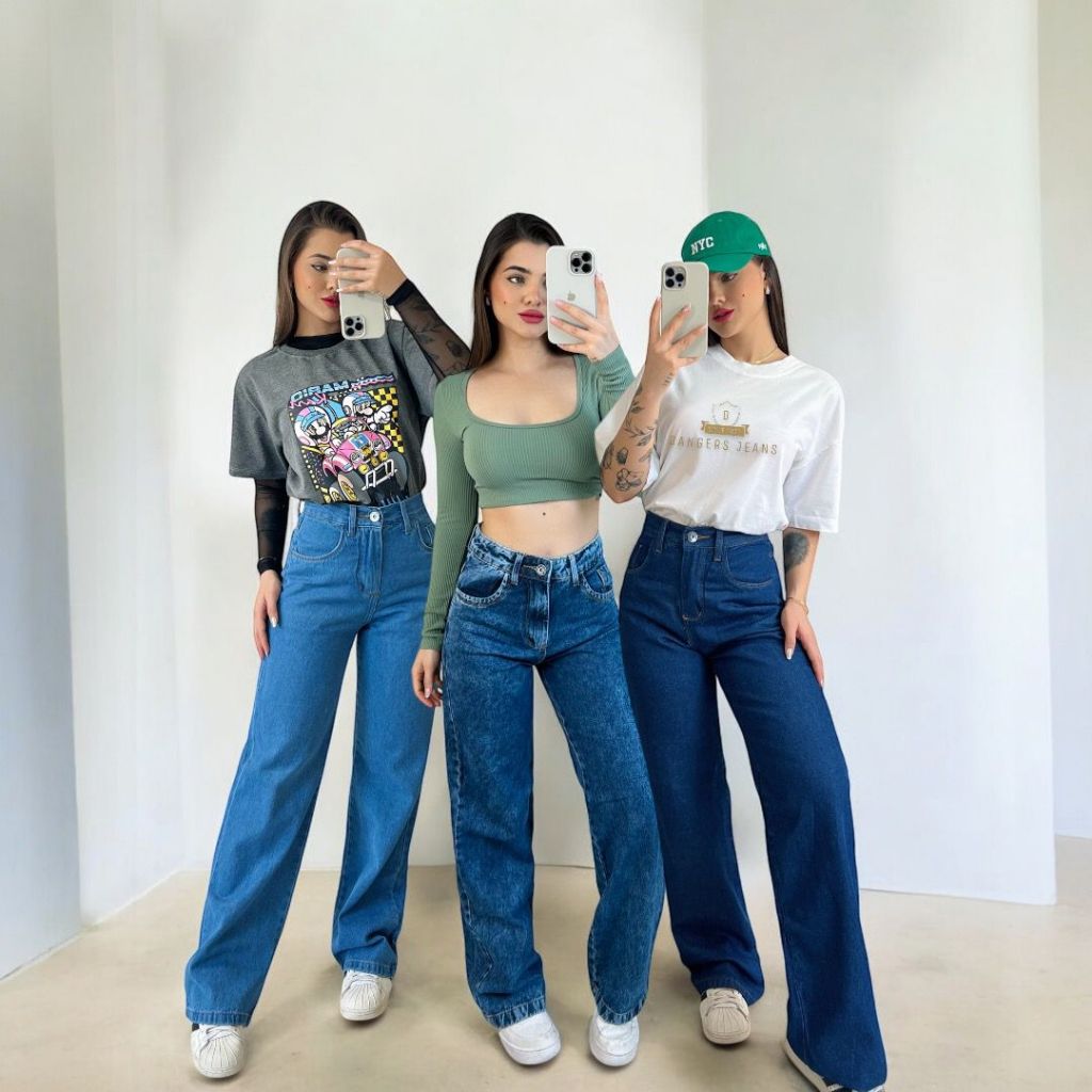 Kit 3 Calça Wide Leg Jeans Feminina Cintura Alta Sem Lycra em Oferta na Shopee