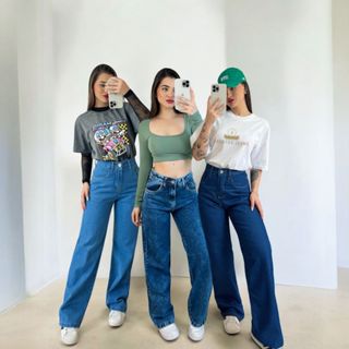 Kit 3 Calça Wide Leg Jeans Feminina Cintura Alta Sem Lycra em Oferta na Shopee