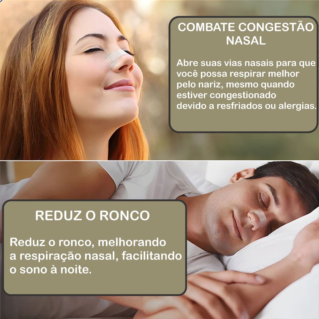 Tiras Nasais Adesivas Anti Ronco. Dilatador Nasal, Melhora a Noite de Sono, Promove Maior Fluxo de Ar