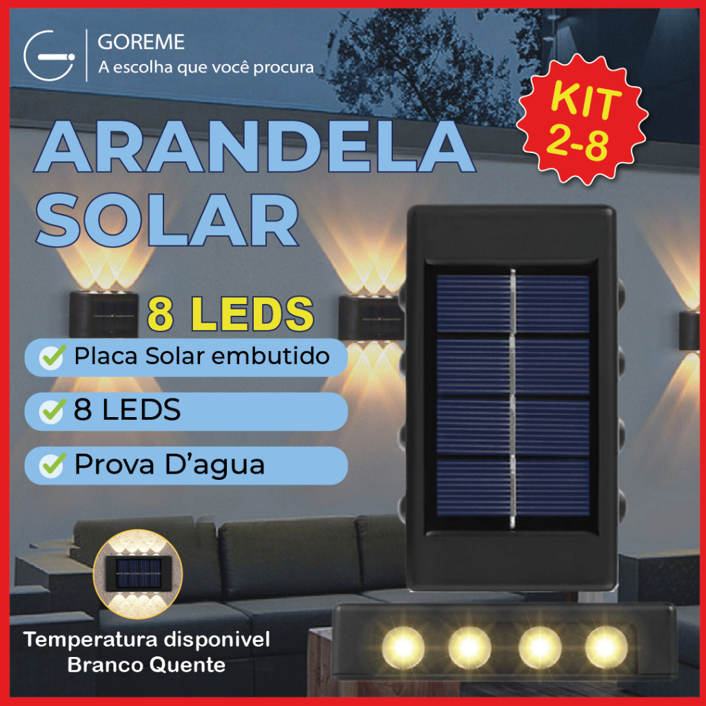 Kit 8 Luminária Arandela Solar 8 LED Luz Branco Quente para Parede a Prova dágua Spot para parede em Oferta na Shopee