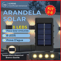 Kit 8 Luminária Arandela Solar 8 LED Luz Branco Quente para Parede a Prova dágua Spot para parede