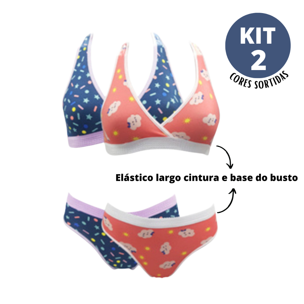 Kit 2 Conjunto Infantil Amanda Calcinha + Sutiã Confortável Menina Estampado Forro 100% algodão