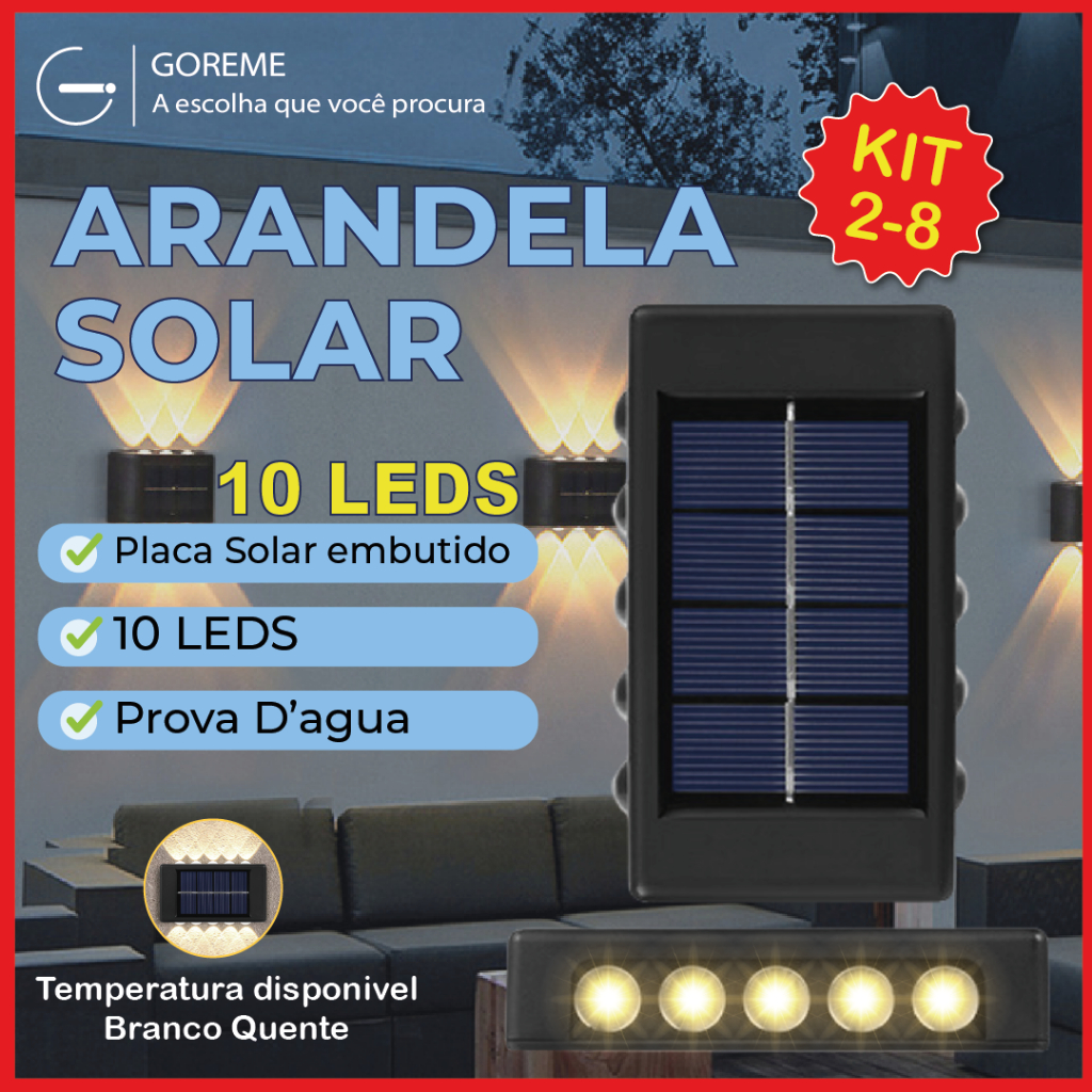 Kit 8 Luminária Arandela Solar 10 LED Luz Branco Quente para Parede a Prova dágua Spot para parede em Oferta na Shopee