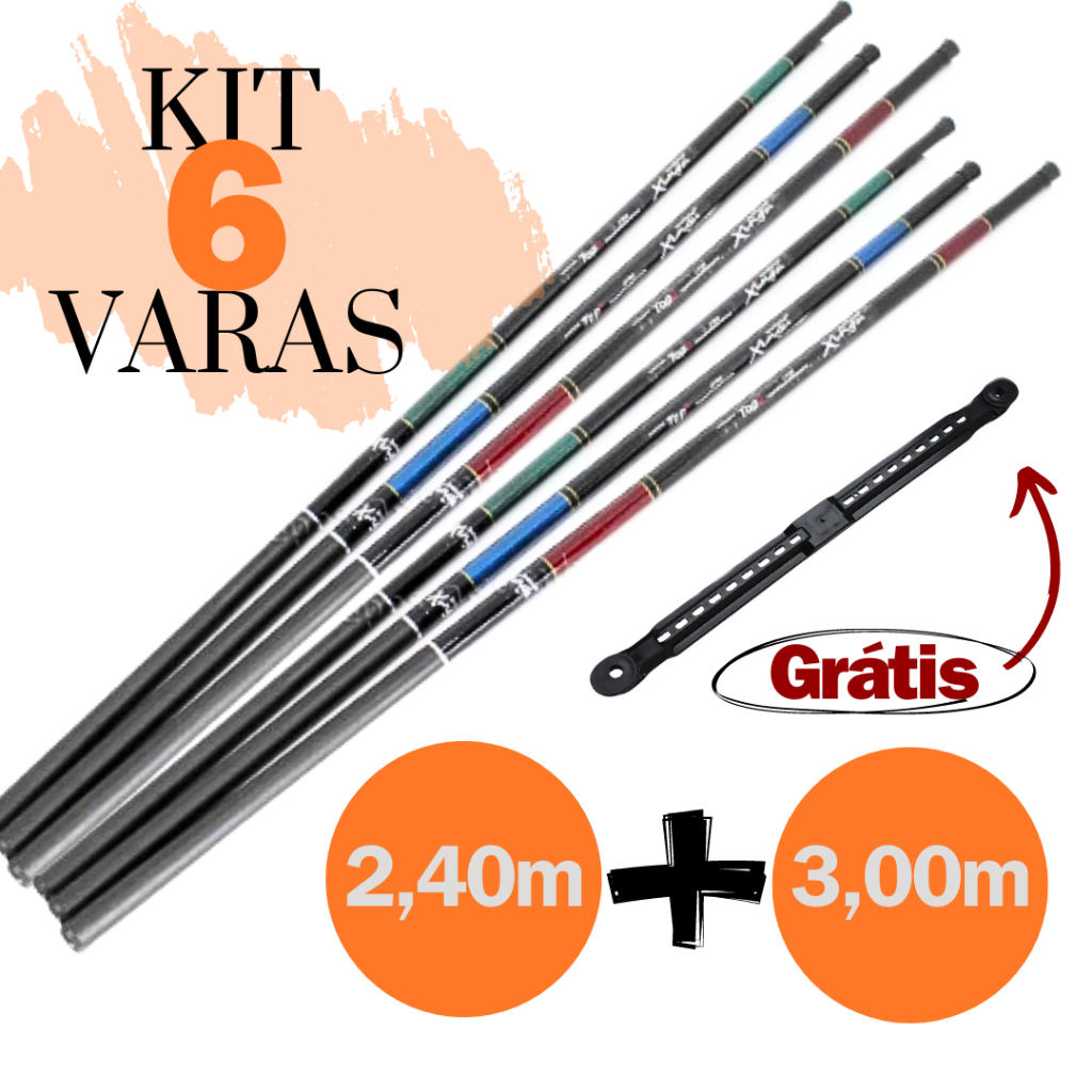 Kit de Pesca 6 Vara Telescópica 2,40m + 3,00m Enrolador de Linha Capa Fibra Vidro Caniço Pescaria