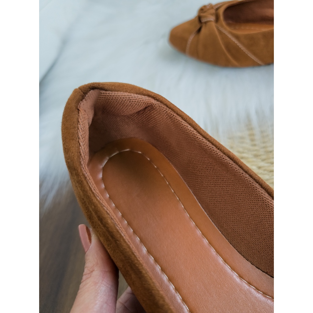 Sapatilha Feminina Bico Fino Rasteira Marrom Confortável Moda Casual Enfeite Nó Elegante