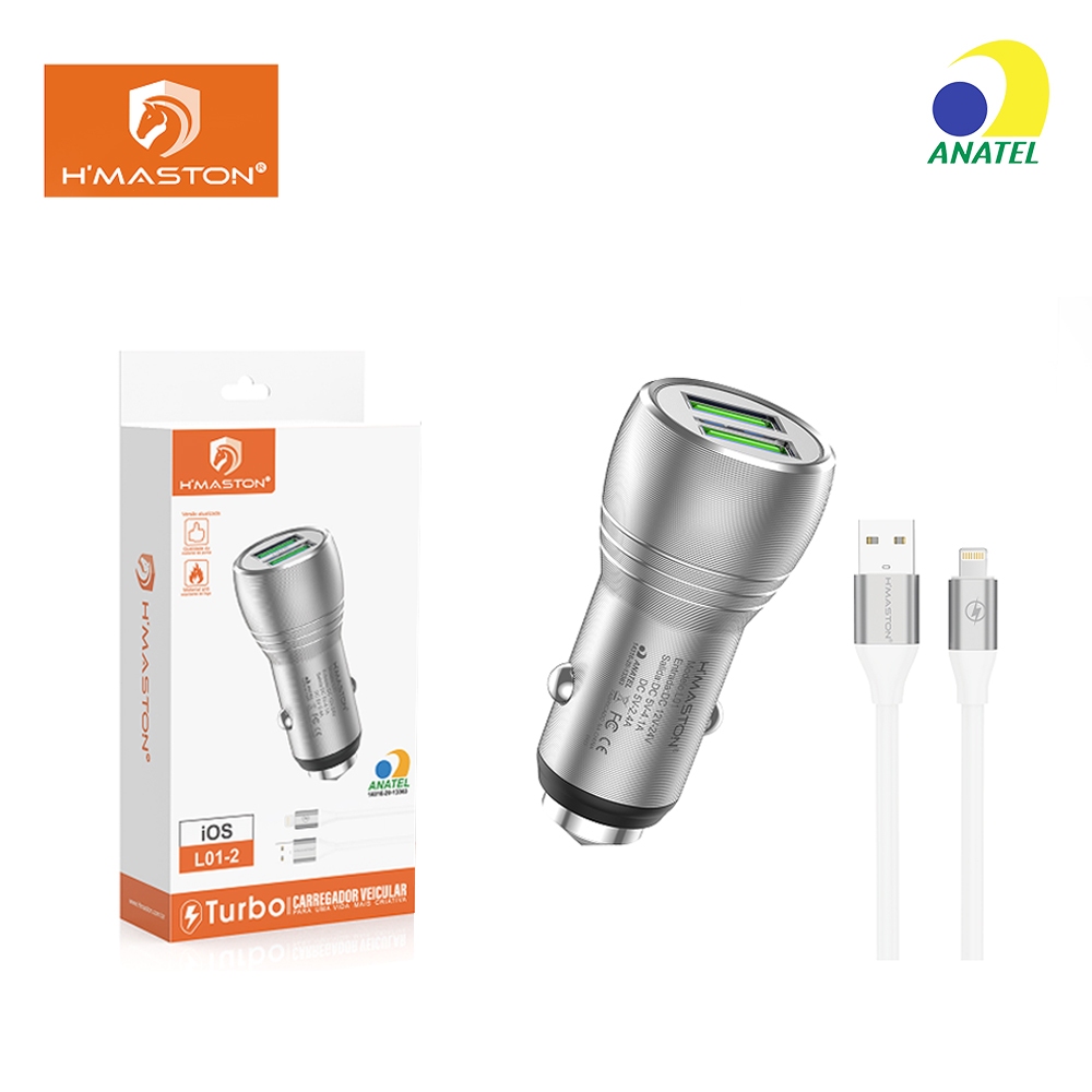 Carregador de Celular para Carro 2 Usb 4.8A Carregador Veicular com Cabo V8 / Lightning / Tipo-C Hmaston L01