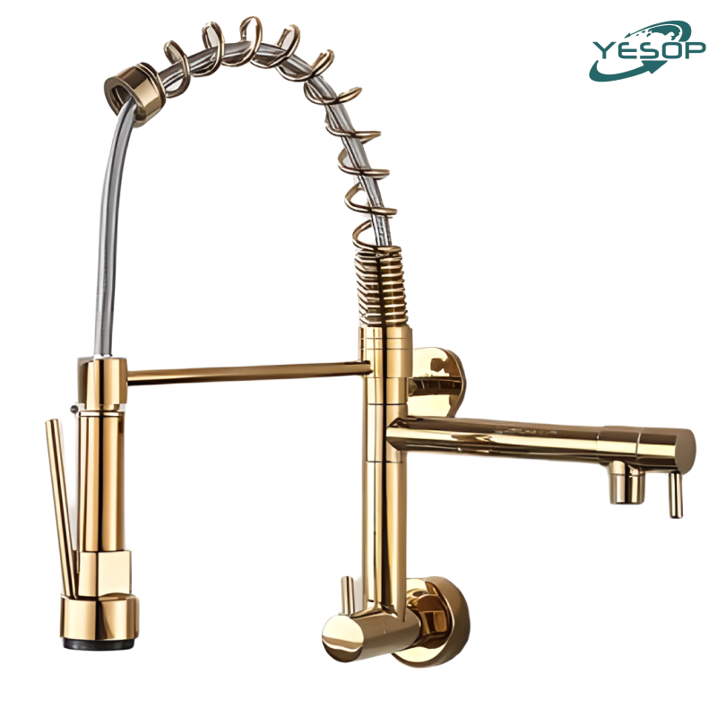Torneira Cozinha Gourmet De Parede Com Bica Giratória Dupla Cor Dourada Brilhante Yesop em Oferta na Shopee