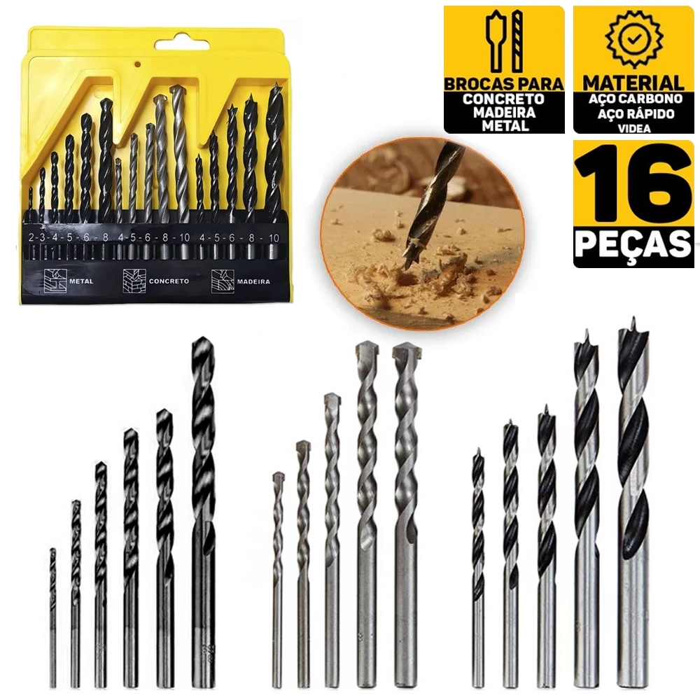Jogo De Brocas 16 Peças C/ Estojo Madeira Ferro Concreto Metal Videa Aço Para Furadeira Parafusadeira Fertak em Oferta na Shopee