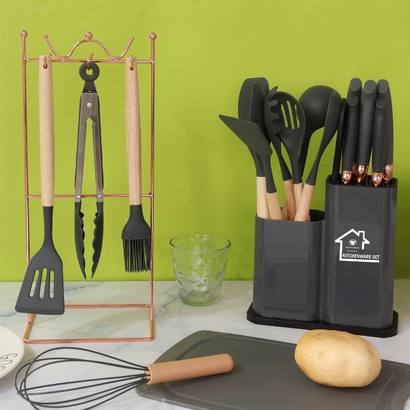 Kit Completo Jogo Utensílios de Cozinha Luxo 19 Peças Com Tábua em Silicone Espátula Faca Tesoura-R9
