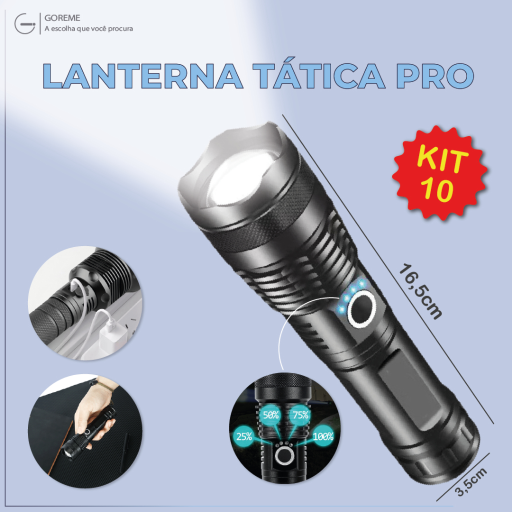 Kit 10 Super Lanterna Titanium Led Tática Militar Recarregável USB Ultra Potente a Prova Dágua - Sports & Outdoors