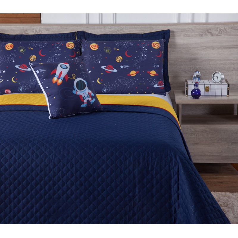 KIT COBRE LEITO QUEEN ASTRONAUTA LINDO PARA CAMA 7 PEÇAS ENVIO RÁPIDO