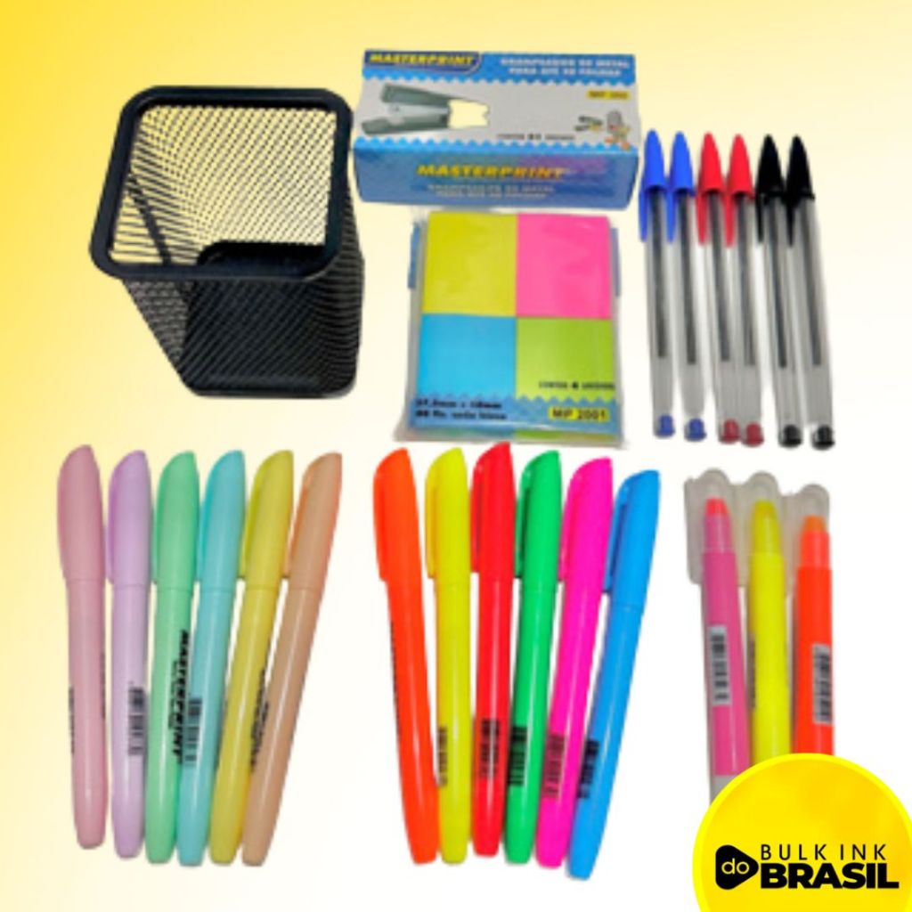KIT Com 24 Itens Marca Texto Masterprint, Bloco Adesivo, Caneta Bic, Porta Caneta, Grampeador