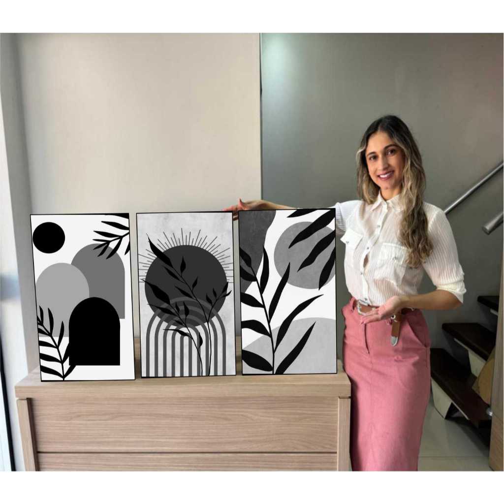Quadros Decorativos 3 Peças Arte Abstrata Círculos Listras Cinza em Oferta na Shopee