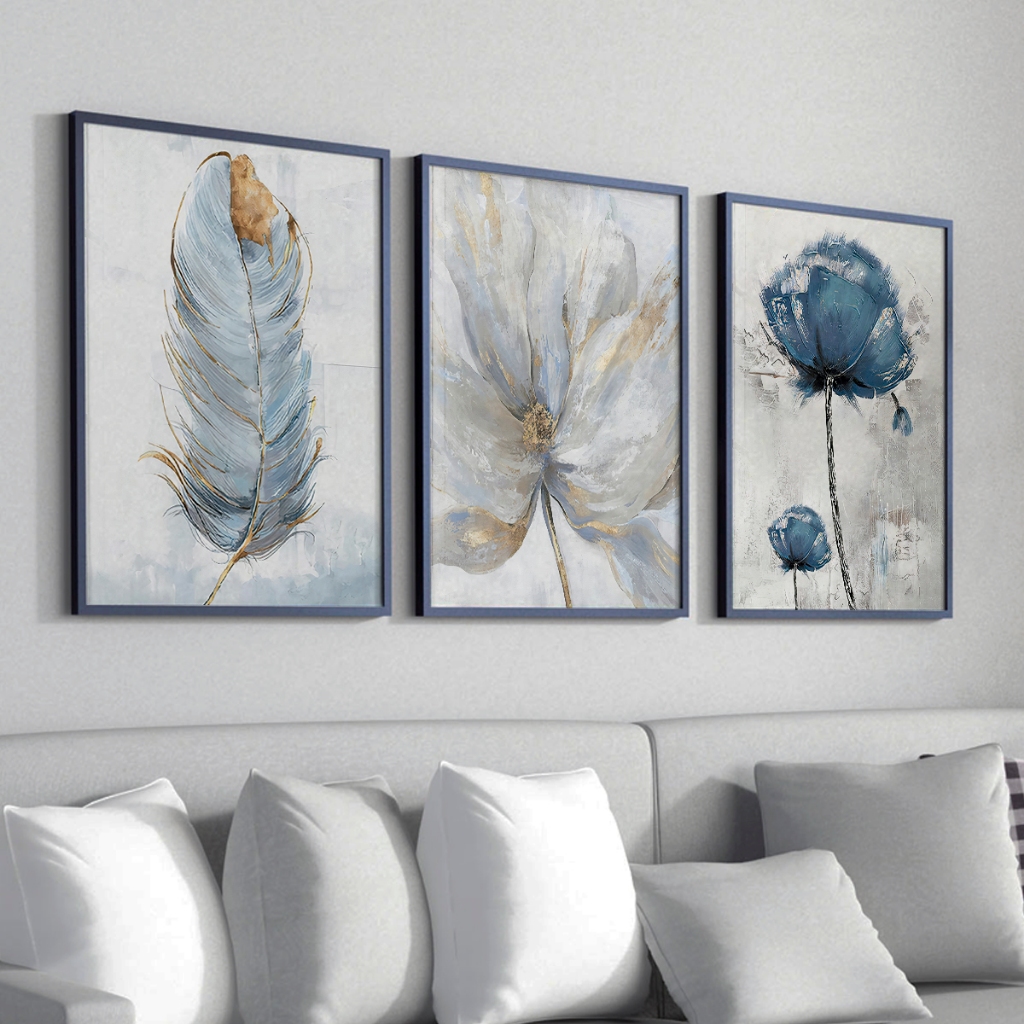 Kit 3 Quadros Decorativos Luxuoso Flores Azul Com Moldura 50X70 cm
