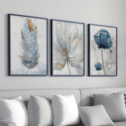 Kit 3 Quadros Decorativos Luxuoso Flores Azul Com Moldura 50X70 cm