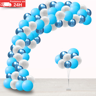 Kit 125 Balões Azul Claro + Branco + Azul Cromado - Bexiga Liso Metalizado Festas Aniversários em Oferta na Shopee