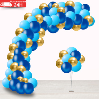Kit 125 Balões Azul Escuro + Azul Claro + Dourado Cromado - Bexiga Liso Cromado Festas Aniversários em Oferta na Shopee