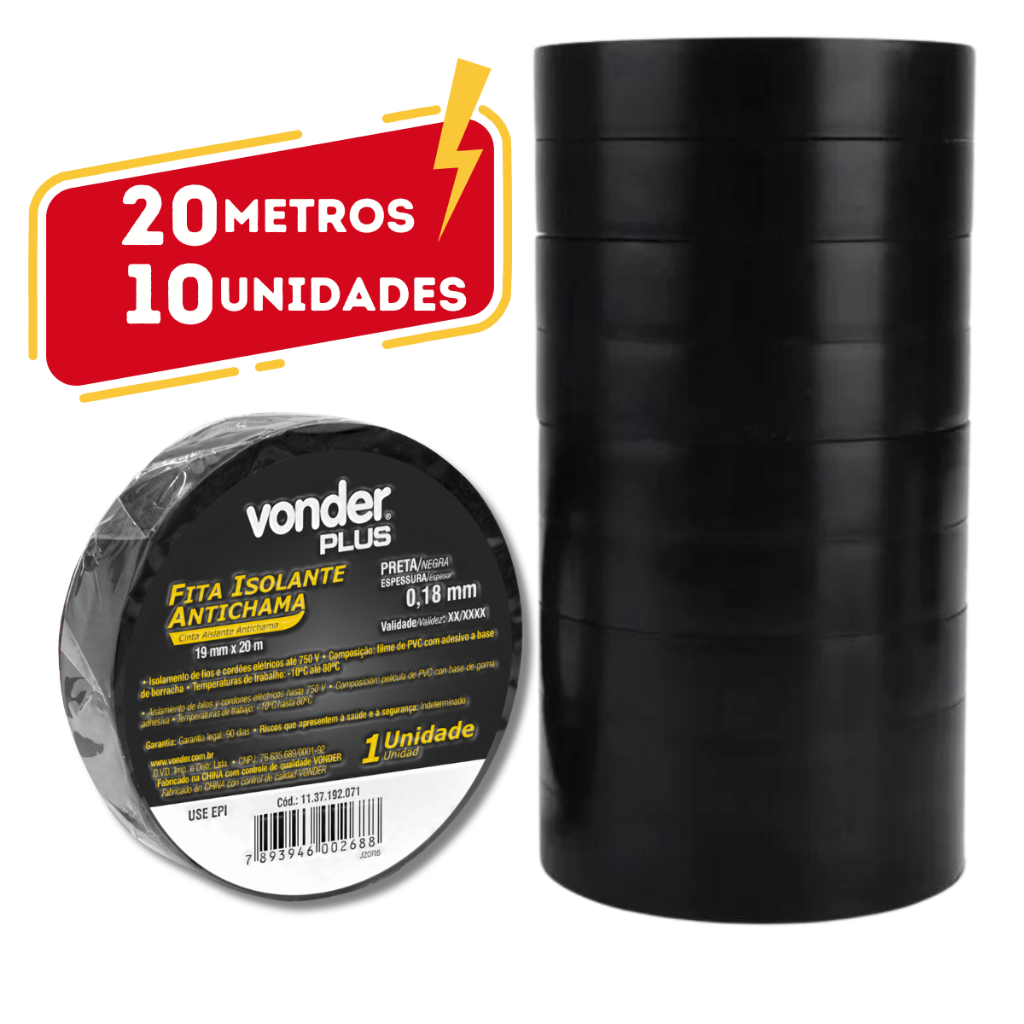 Kit 10 Fita Isolante Antichamas 20 Metros 10 Unidades Vonder em Oferta na Shopee