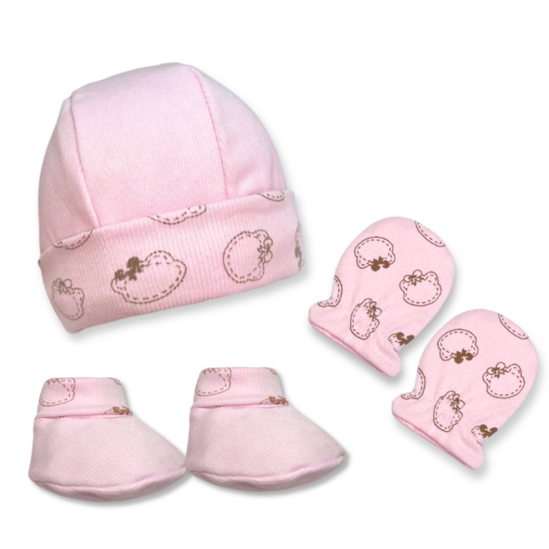 Kit Touca Luva Pantufa Sapatinho de Bebe RN Saida de Maternidade 03 un Quentinho