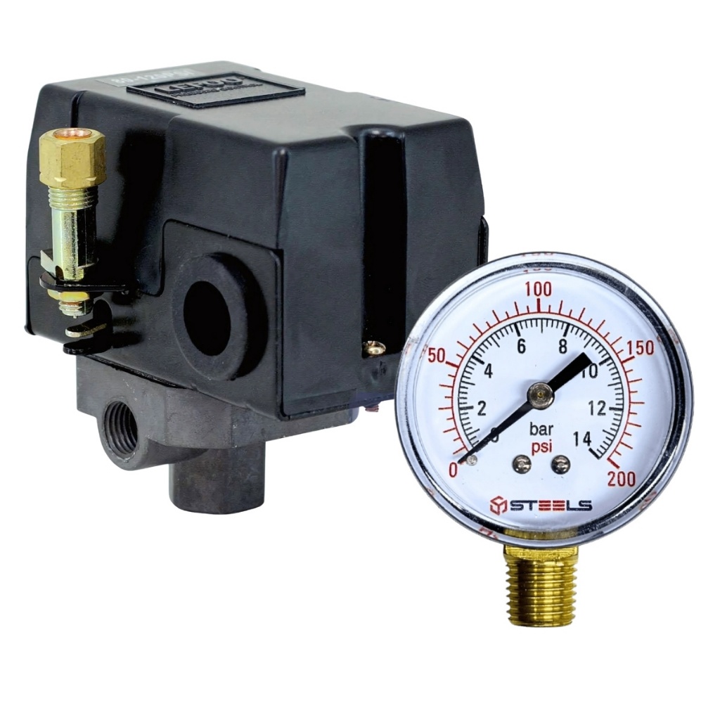 Kit Pressostato 135/175 PSI 4 Vias e Manômetro 200 LBS 1/4