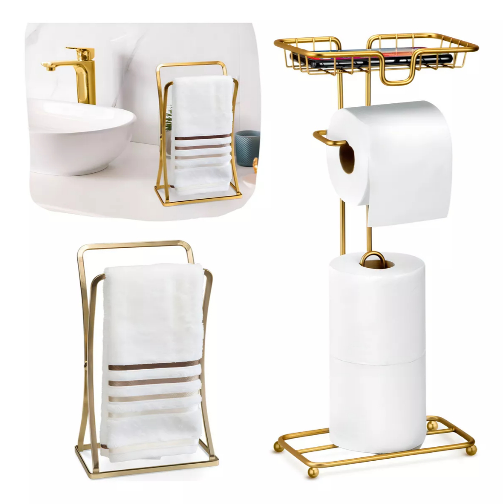 Kit Lavabo Toalheiro Porta Toalha de Rosto + Porta Papel Higiênico Celular Dourado Banheiro Arthi - Home & Living