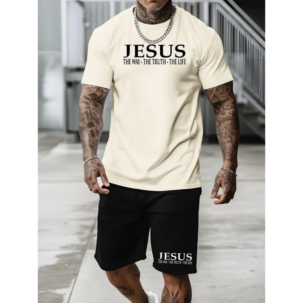 Conjunto Camiseta Básica Jesus The Way Algodão Unissex StreetWear + Bermuda Moletom Jesus The Way Short