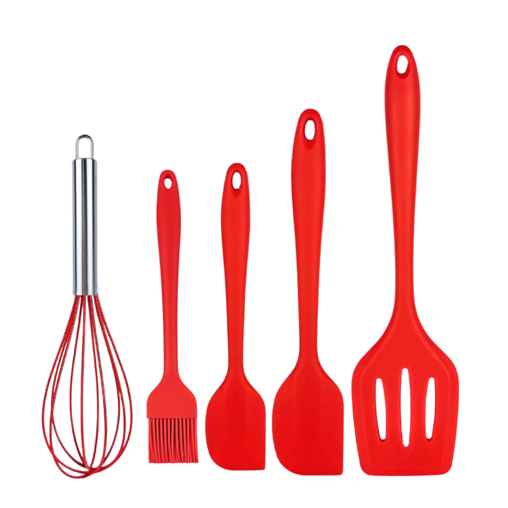 Kit Utensílio de Silicone Cor Vermelha com 05 unidades Pão Duro Pincel Espátula Fue MIMI