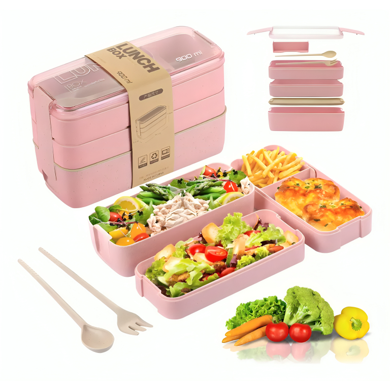 Pote Marmita Com Divisória Lancheira Com 3 Compartimentos Divisória e Talheres Micro-Ondas 900ml Pote Marmita