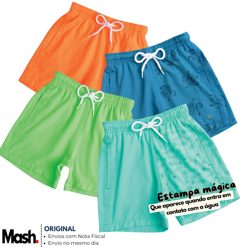 Bermuda Shorts Infantil Mash p/ Praia Piscina Verão Estampa Que Surge Quando Molha Dia das Crianças