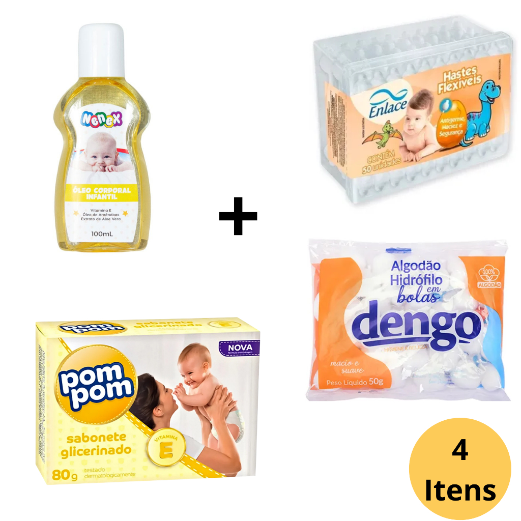 Kit Higiene Cuidados Recém Nascido 4 Itens  Algodão50g/Oléo nenex/Sabonete Barra Pom Pom Glicer../Cotonete Rn Enlace