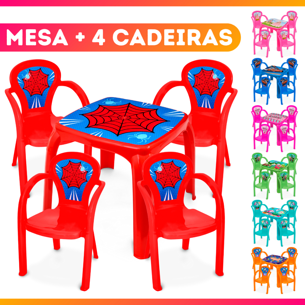 Kit Mesa Mesinha e 4 Cadeira Infantil Educativa Resistente Brincar Estudar Menino Menina em Oferta na Shopee