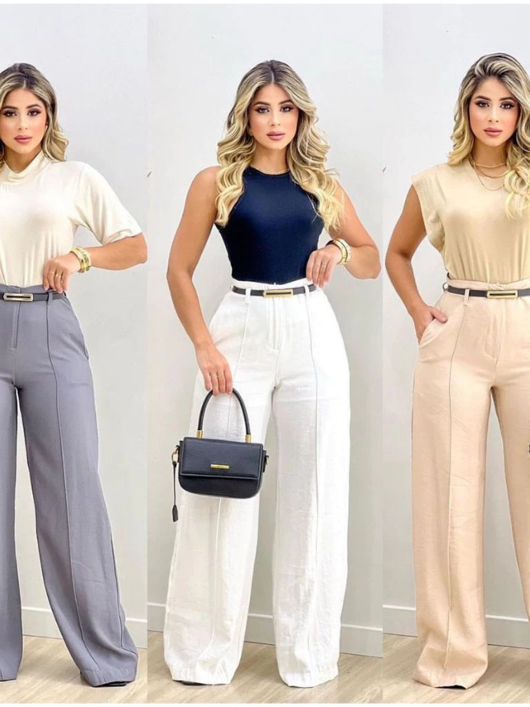 Kit 3 Pantalona Feminina Cintura Alta Com Cinto Calça Alfaiataria Modelo Elegância Luxo Te...